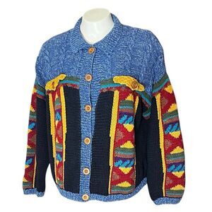 RTW Vintage Ramie Cotton Aztec‎ Print Button Down Sweater